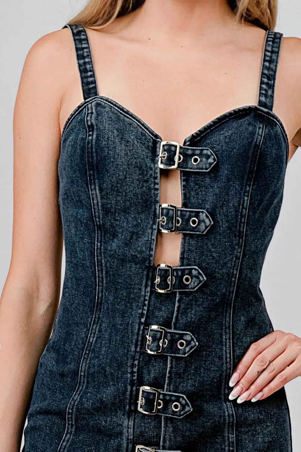 AD3910N / HEAVY DENIM BUCKLE BELTED DOWN BODYCON MINI DRESS sold by privy product image thumbnail 5