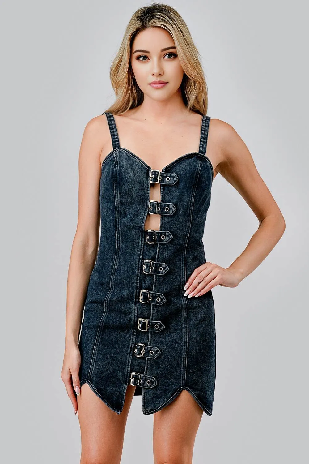 AD3910N / HEAVY DENIM BUCKLE BELTED DOWN BODYCON MINI DRESS sold by privy