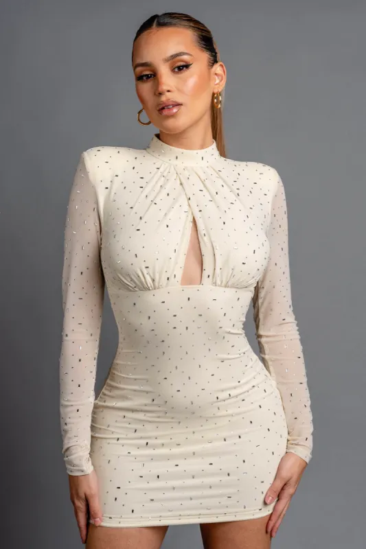 LUXE HOTFIX STONES MESH MOCK NECK MINI DRESS sold by privy
