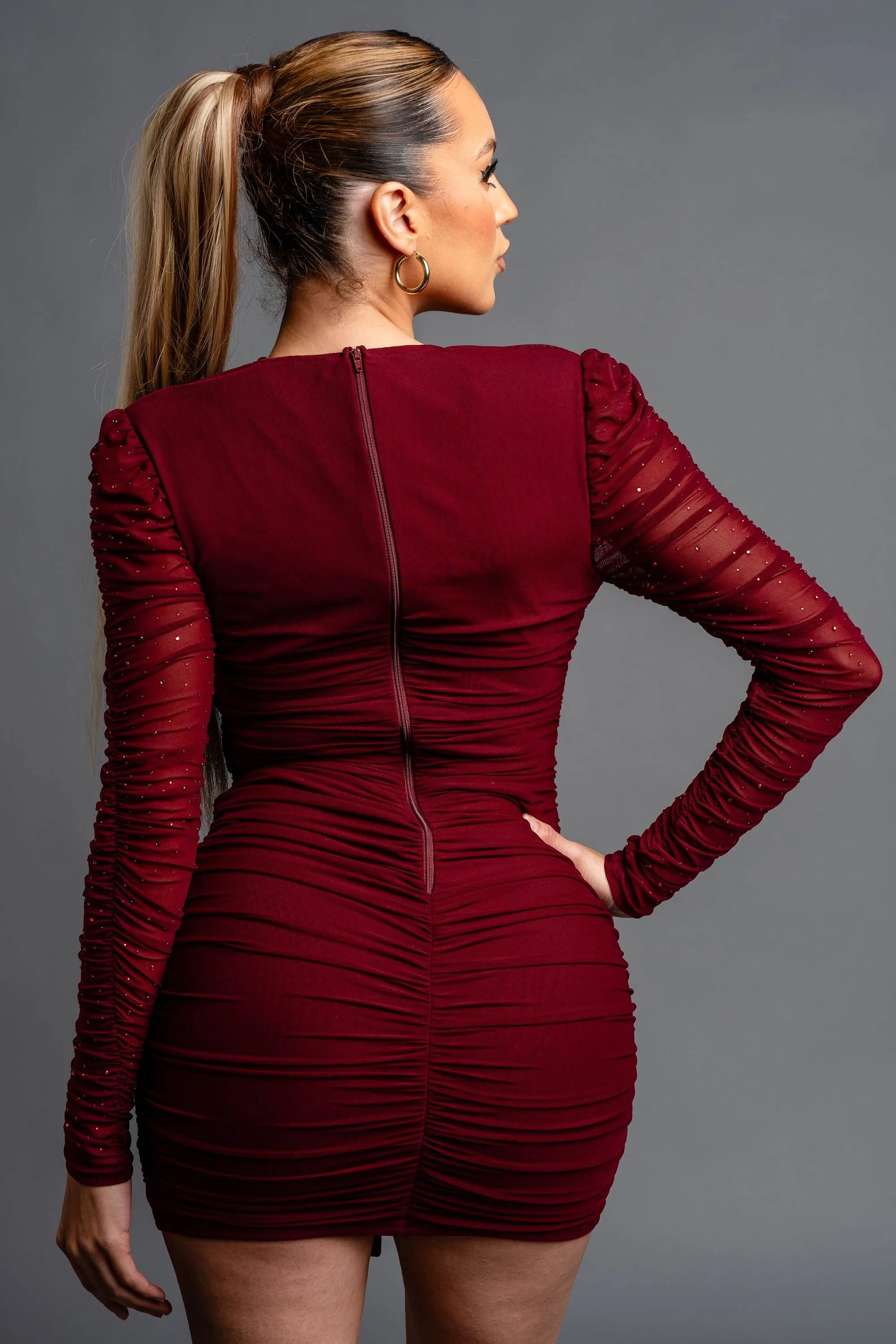 PD77747ETP / LUXE HOTFIX STONES MESH V-NECK RUCHED MINI DRESS sold by privy product image thumbnail 3