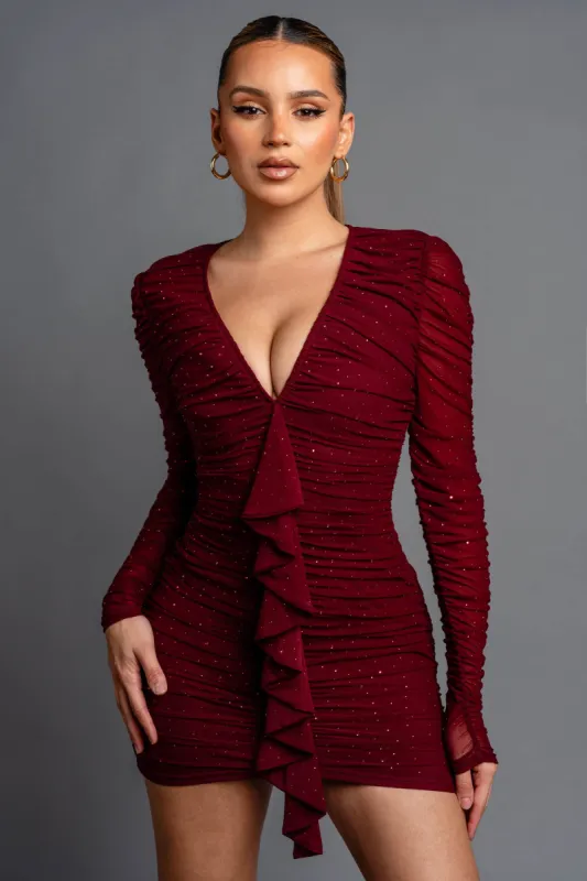 LUXE HOTFIX STONES MESH V-NECK RUCHED MINI DRESS sold by privy
