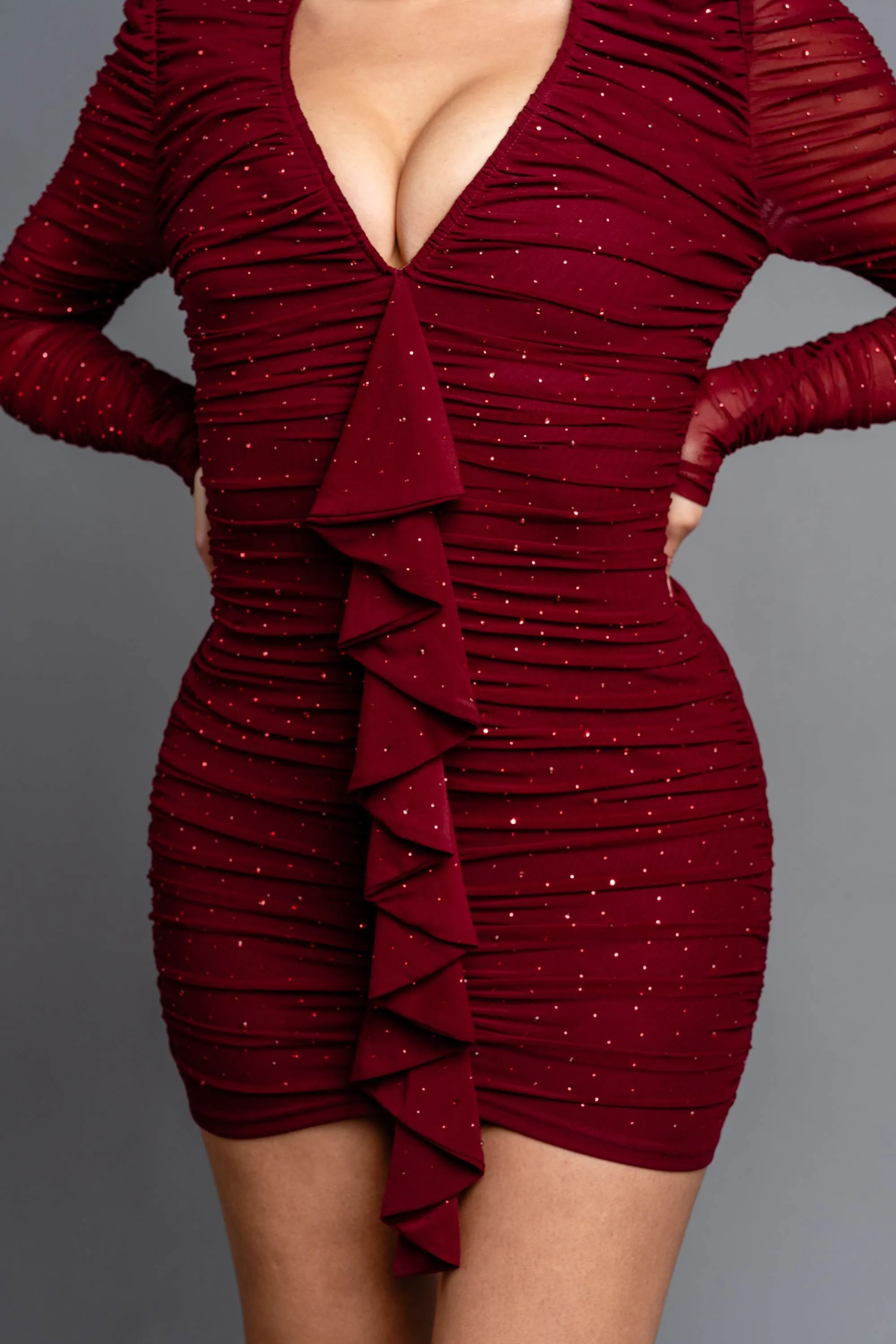 PD77747ETP / LUXE HOTFIX STONES MESH V-NECK RUCHED MINI DRESS sold by privy product image thumbnail 5