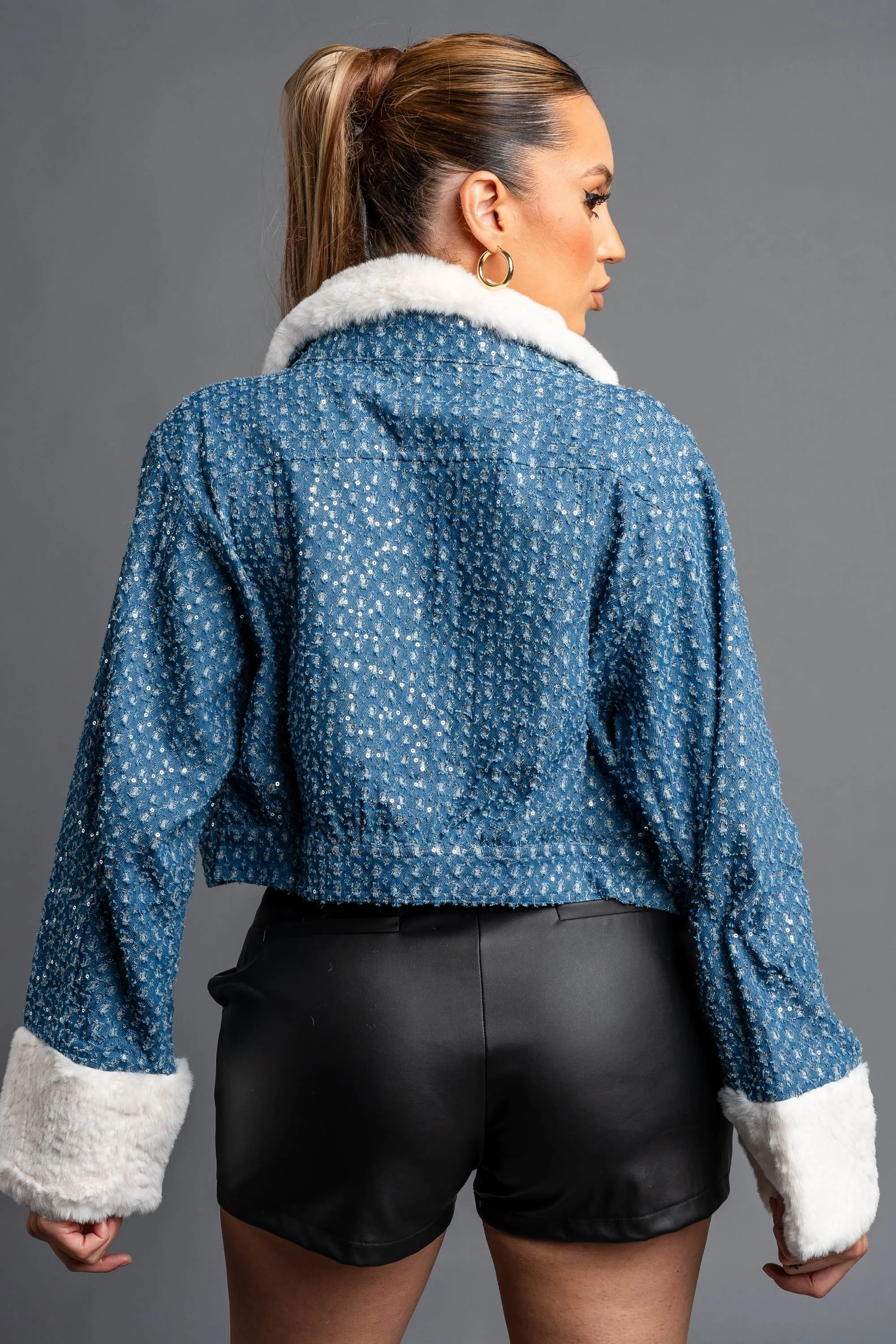 FUZZY FUR TRIM DENIM SEQUINS BUTTON DOWN JACKET sold by privy product image thumbnail 4