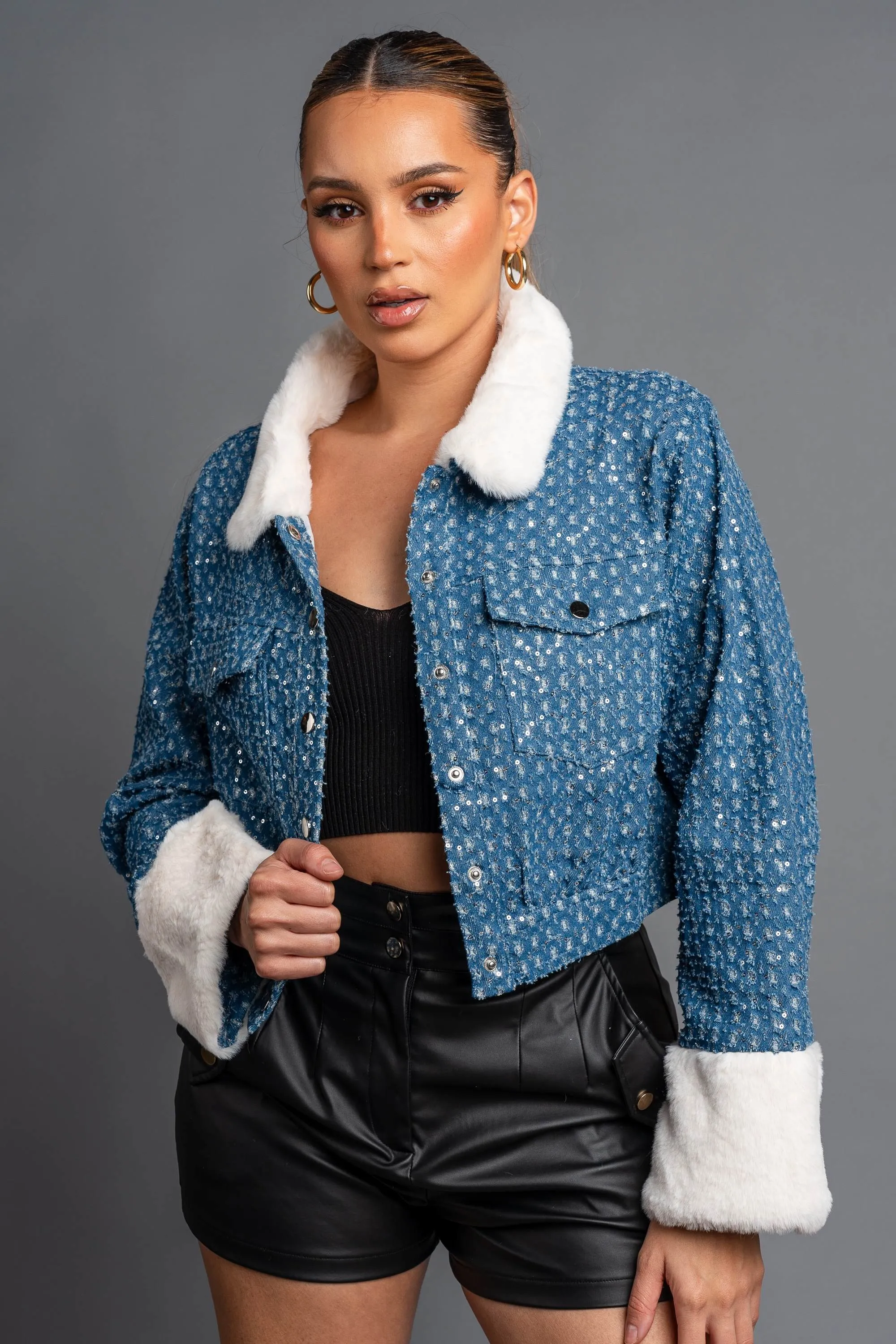 FUZZY FUR TRIM DENIM SEQUINS BUTTON DOWN JACKET sold by privy