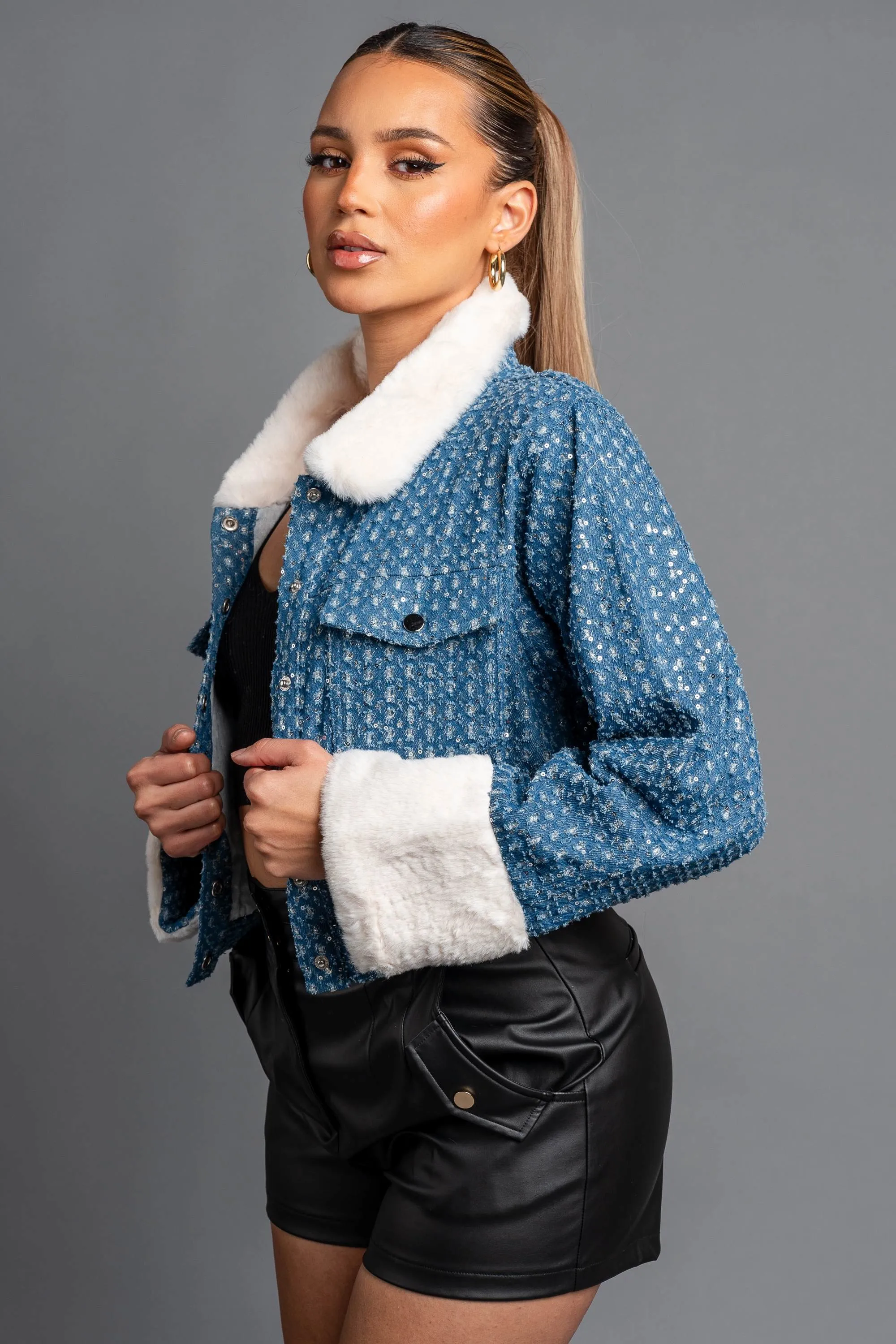 FUZZY FUR TRIM DENIM SEQUINS BUTTON DOWN JACKET sold by privy product image thumbnail 3