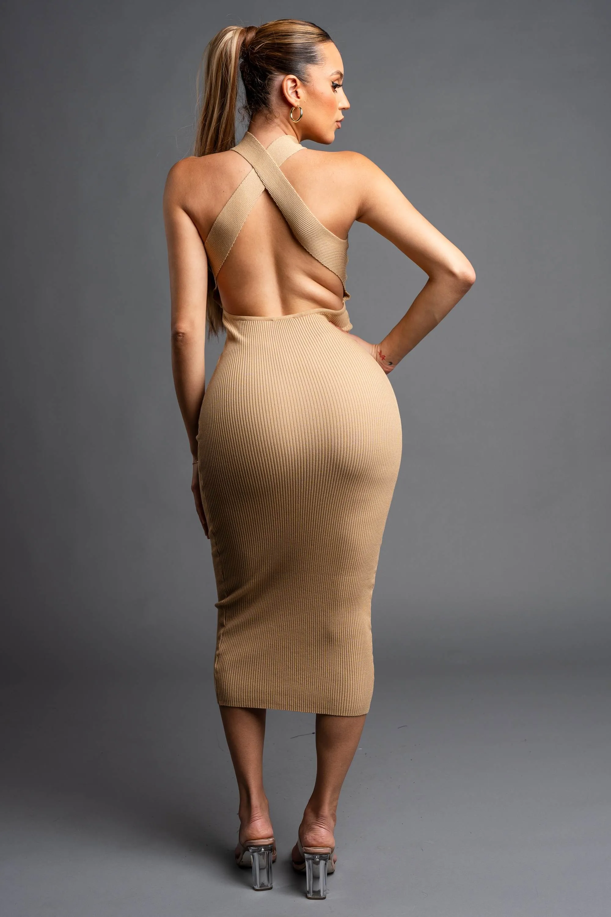 PD74255C-W / RIBBED SWEATER CROSS NECK KNIT BODYCON MIDI DRESS sold by privy product image thumbnail 3