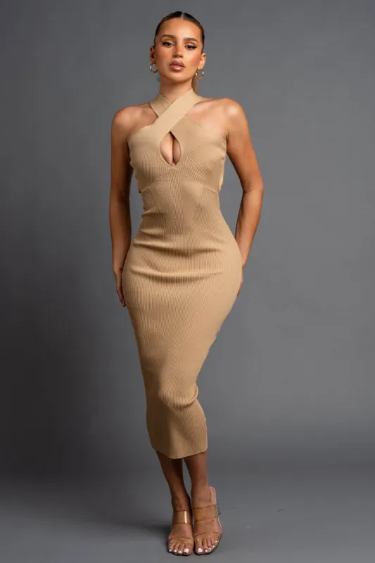 RIBBED SWEATER CROSS NECK KNIT BODYCON MIDI DRESS sold by privy