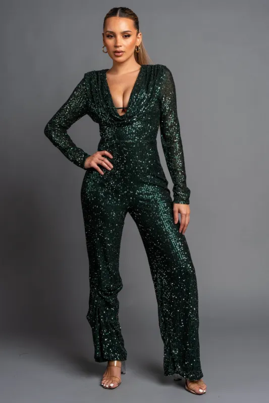 LUXE SEQUINS COWL NECK BODYCON WIDE LEGS JUMPSUIT sold by privy