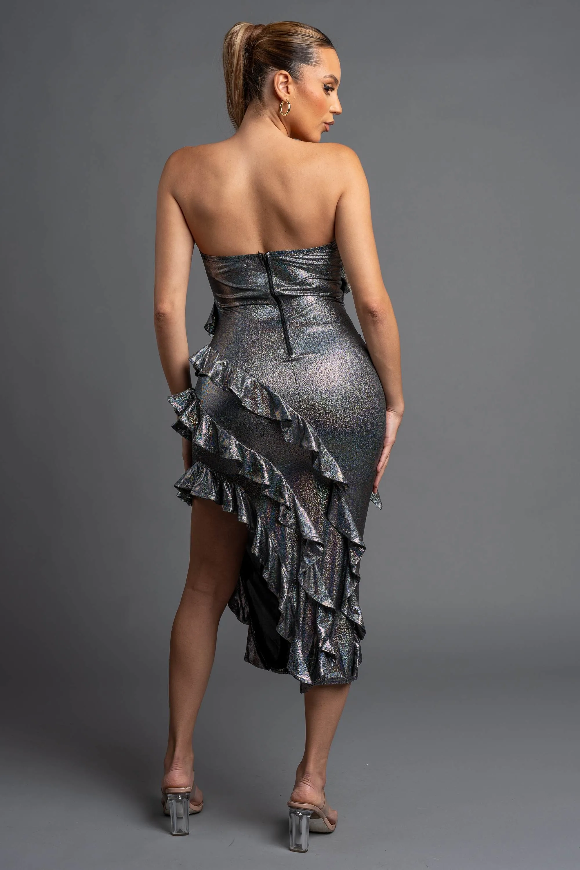 FOILED METALLIC RUFFLED TIERED SLITTED MIDI DRESS sold by privy product image thumbnail 3