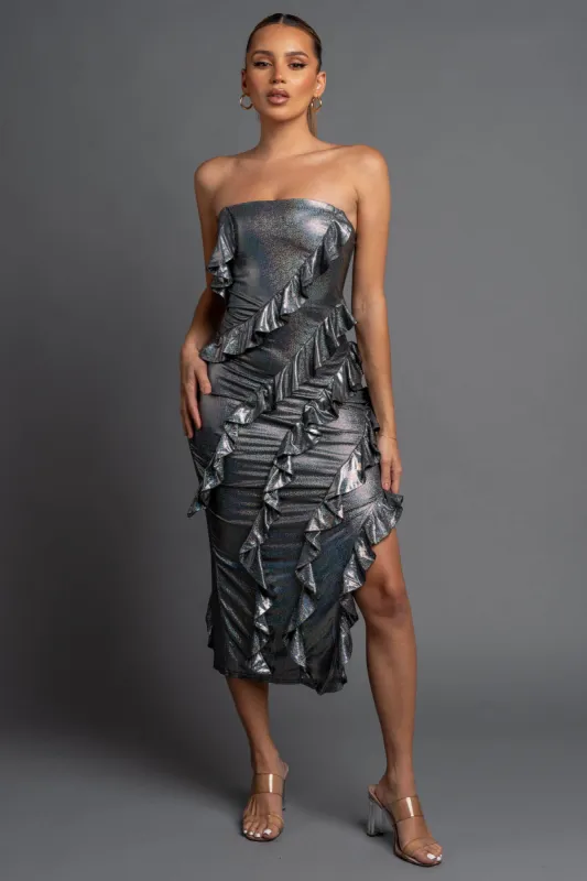 FOILED METALLIC RUFFLED TIERED SLITTED MIDI DRESS sold by privy