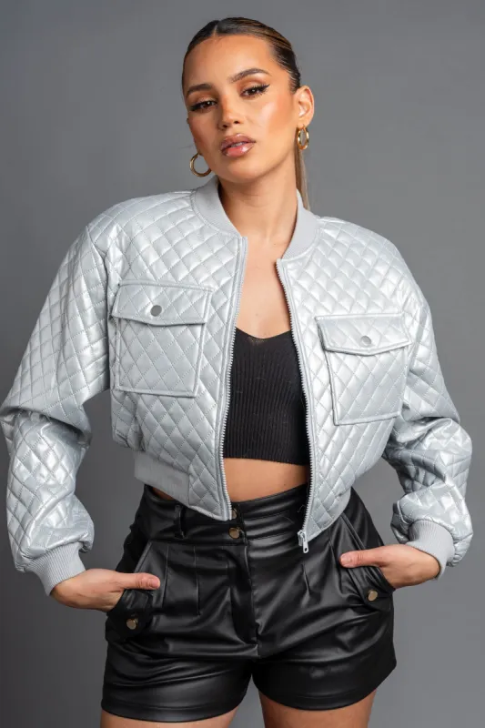 CHIC QUILTED PLEATER CROPPED PU BOMBER JACKET sold by privy