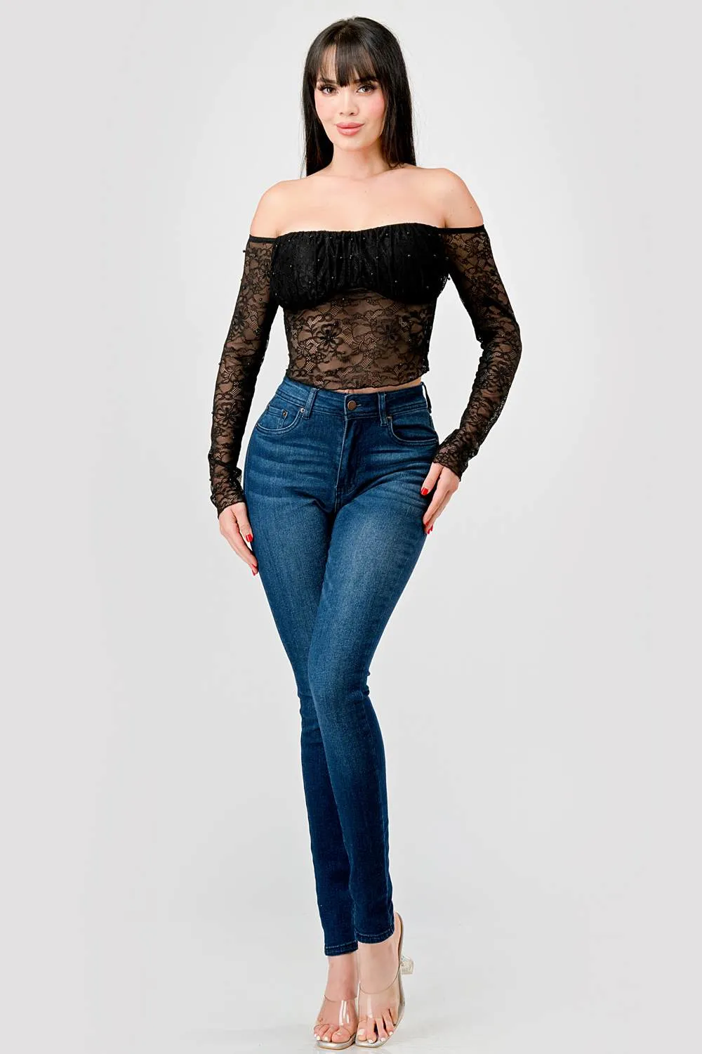 LUXE LACE PEARL RUCHED OFF SHOULDER CROPPED TOP sold by privy product image thumbnail 4