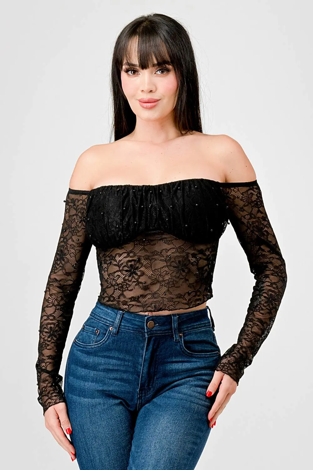 LUXE LACE PEARL RUCHED OFF SHOULDER CROPPED TOP sold by privy