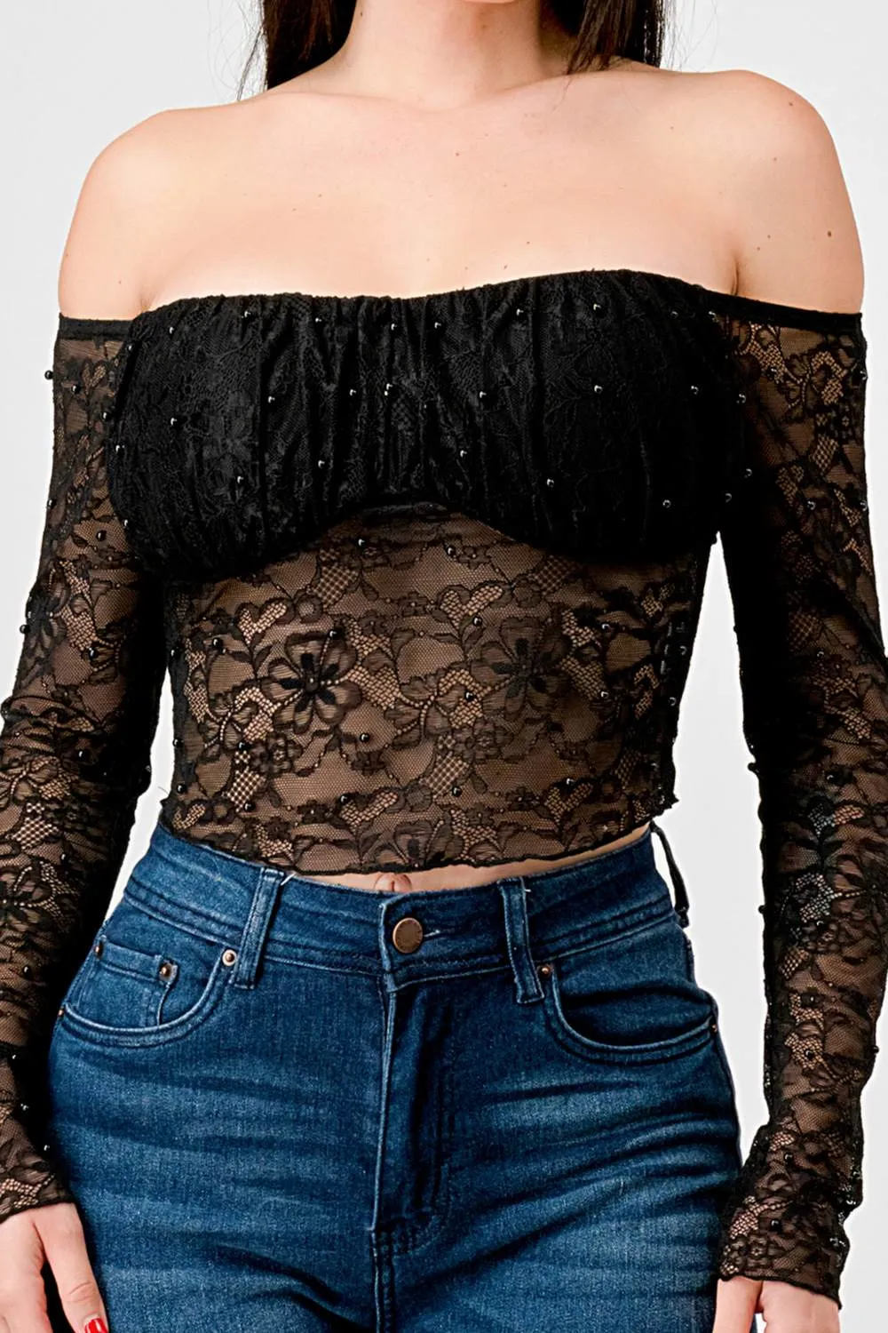 LUXE LACE PEARL RUCHED OFF SHOULDER CROPPED TOP sold by privy product image thumbnail 5