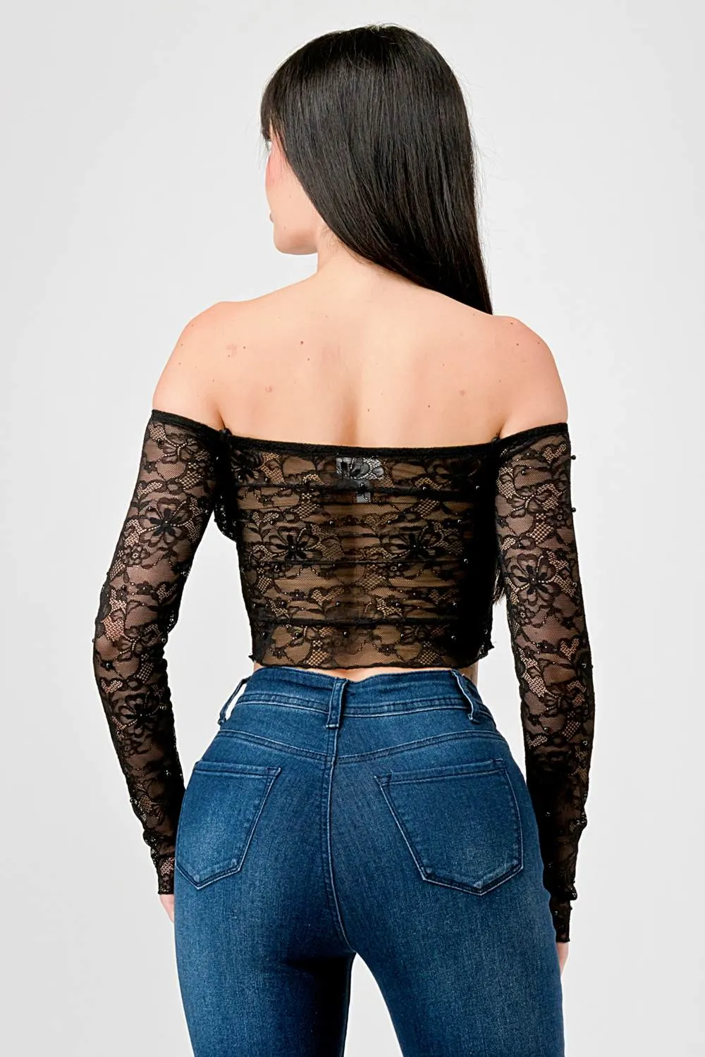 LUXE LACE PEARL RUCHED OFF SHOULDER CROPPED TOP sold by privy product image thumbnail 3