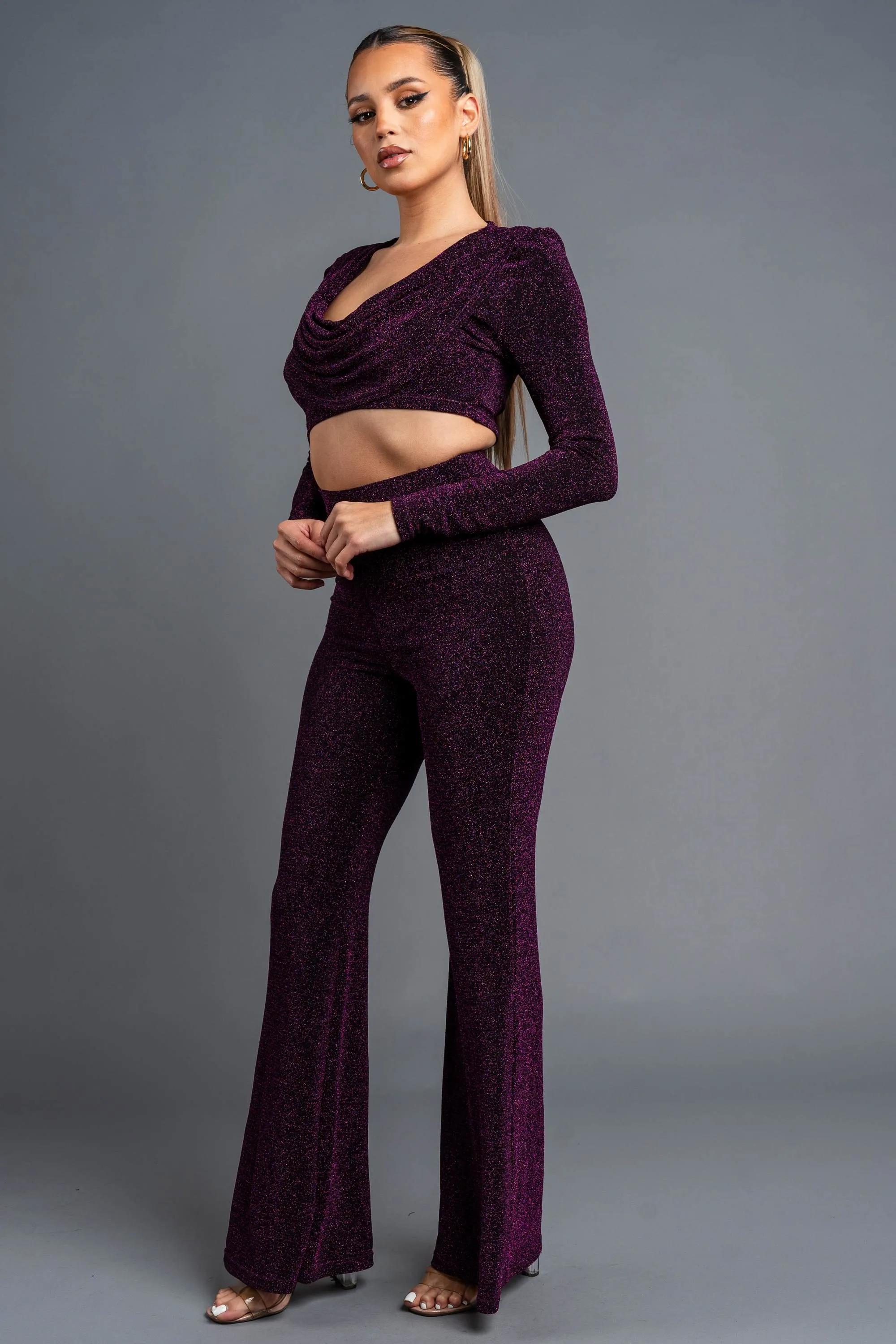 CHIC METALLIC LUREX COWL NECK CROP TOP & PANTS SET sold by privy product image thumbnail 2