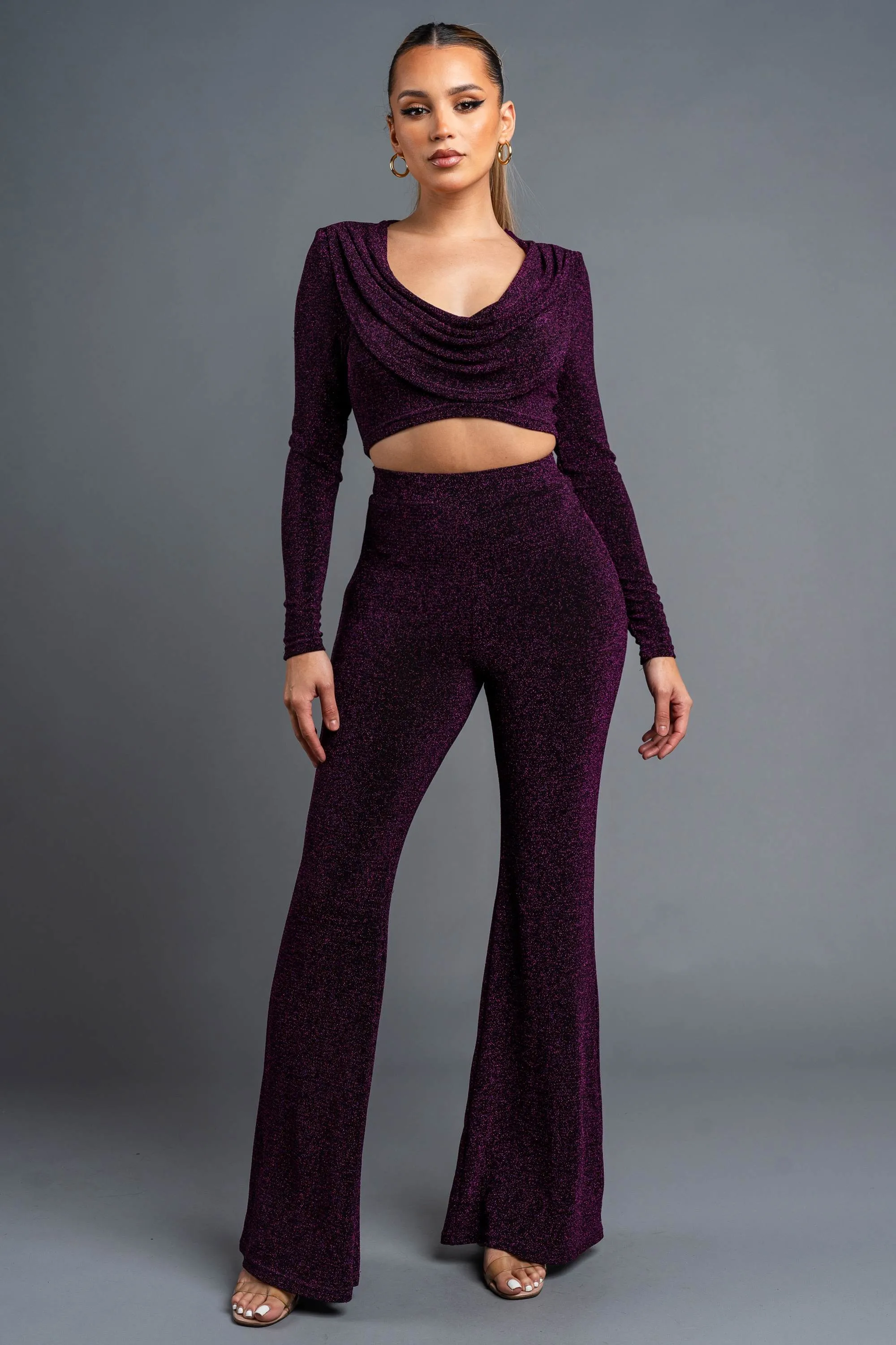 CHIC METALLIC LUREX COWL NECK CROP TOP & PANTS SET sold by privy product image thumbnail 4