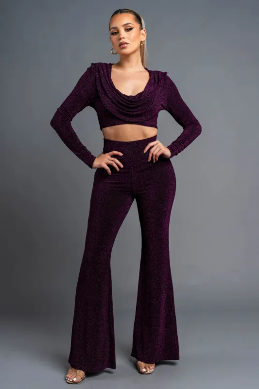 CHIC METALLIC LUREX COWL NECK CROP TOP & PANTS SET sold by privy