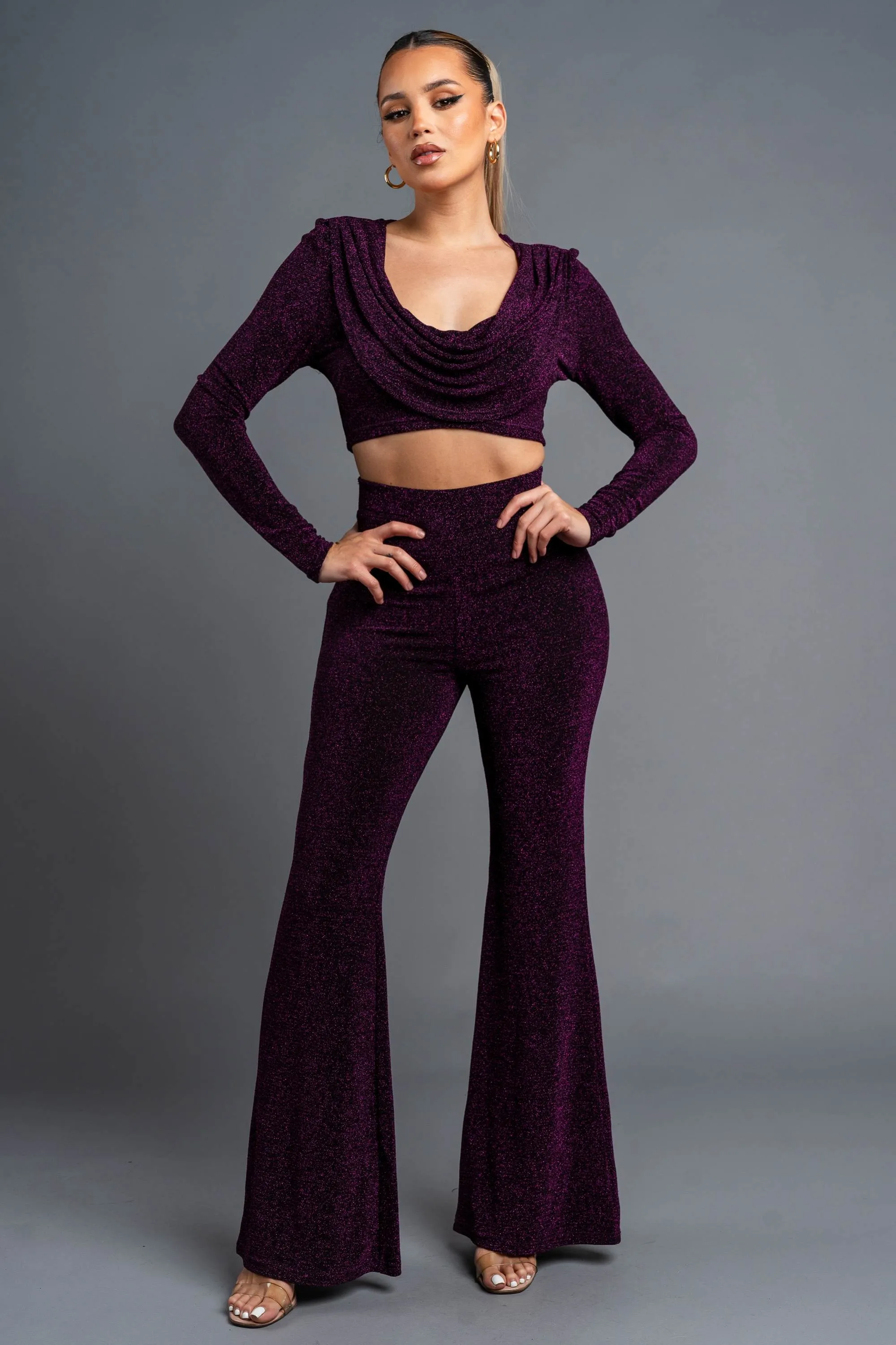 CHIC METALLIC LUREX COWL NECK CROP TOP & PANTS SET sold by privy