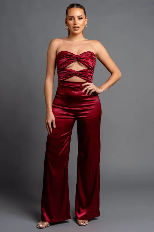PJ11189N / CHIC STRETCH SATIN CUTOUTS OFF SHOULDER JUMPSUIT sold by privy