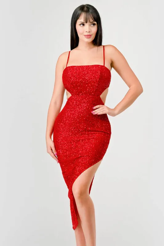 LUX SEQUINS SIDE CUTOUTS SLITTED MIDI DRESS sold by privy