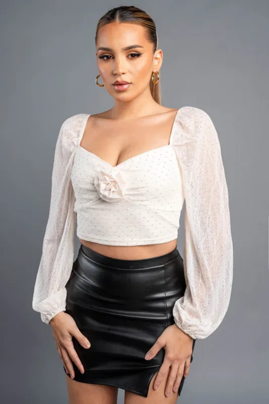 LUXE HOTFIX STONES LACE ROSETTE PEASANT CROP TOP sold by privy