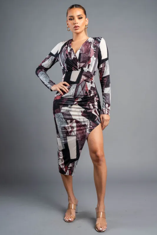 LUXE ABSTRACT ITY PRINT ASYMMETRICAL HEM DRESS sold by privy