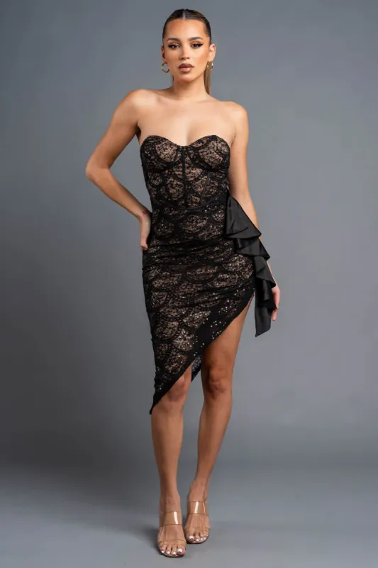 LUXE STRETCH LACE WITH SATIN RUFFLED MIDI DRESS sold by privy