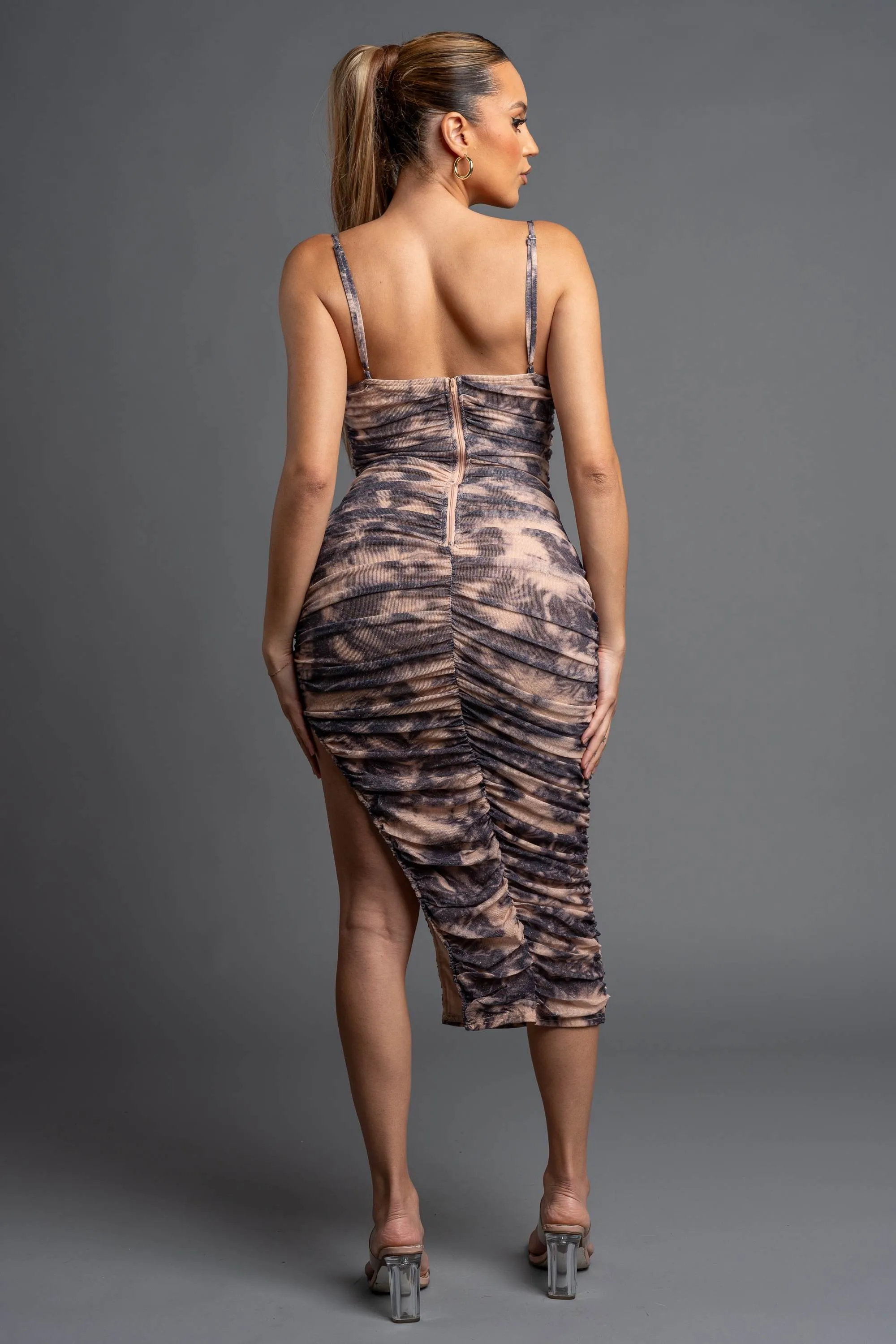 CHIC LEAF PRINT GLITTER MESH RUCHED MIDI DRESS sold by privy product image thumbnail 3