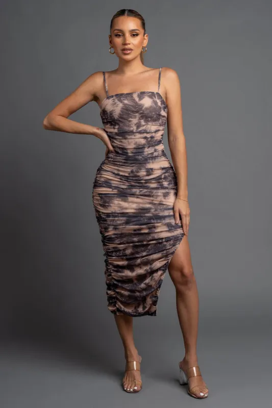 CHIC LEAF PRINT GLITTER MESH RUCHED MIDI DRESS sold by privy
