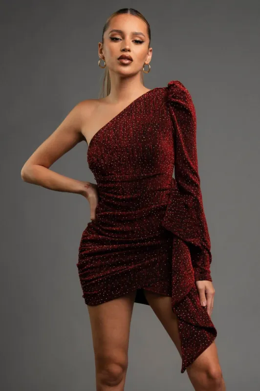 PD77623K / METALLIC SLINKY RHINESTONE ONE SHOULDER MINI DRESS sold by privy