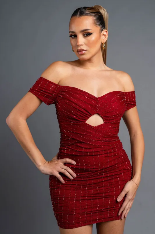 LUXE METALLIC KEYHOLE OFF SHOULDER MINI DRESS sold by privy