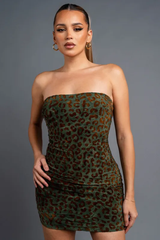 SEXY LEOPARD VELVET FLOCKING TUBE MINI DRESS sold by privy