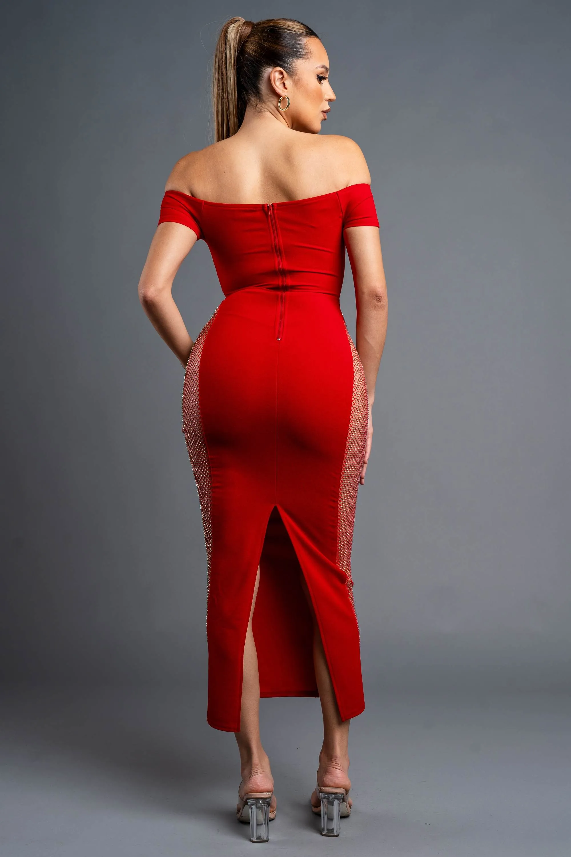 PD76547B-W / LUXE MULTI RHINESTONE NET OFF SHOULDER MAXI DRESS sold by privy product image thumbnail 3