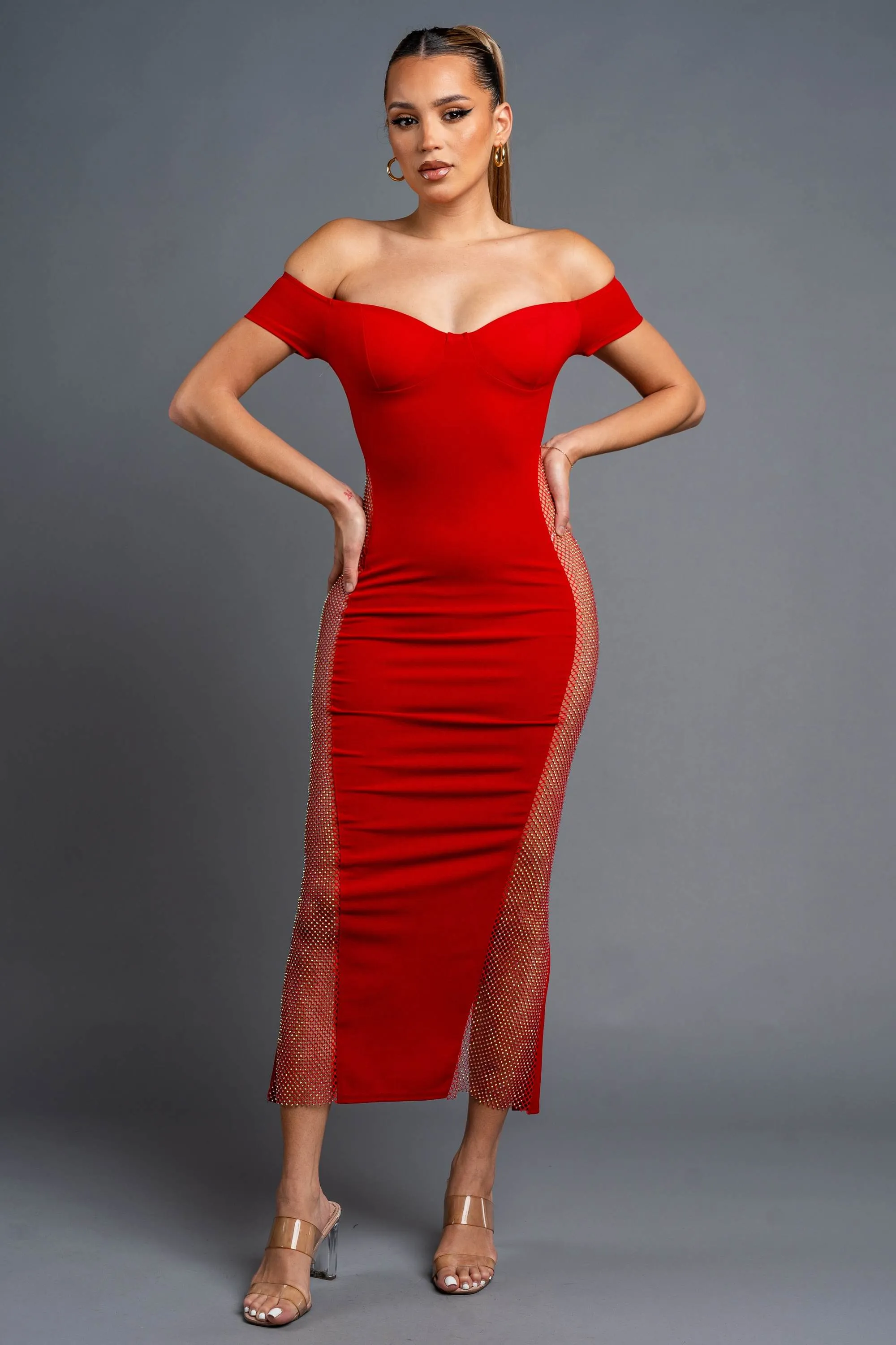 PD76547B-W / LUXE MULTI RHINESTONE NET OFF SHOULDER MAXI DRESS sold by privy product image thumbnail 4