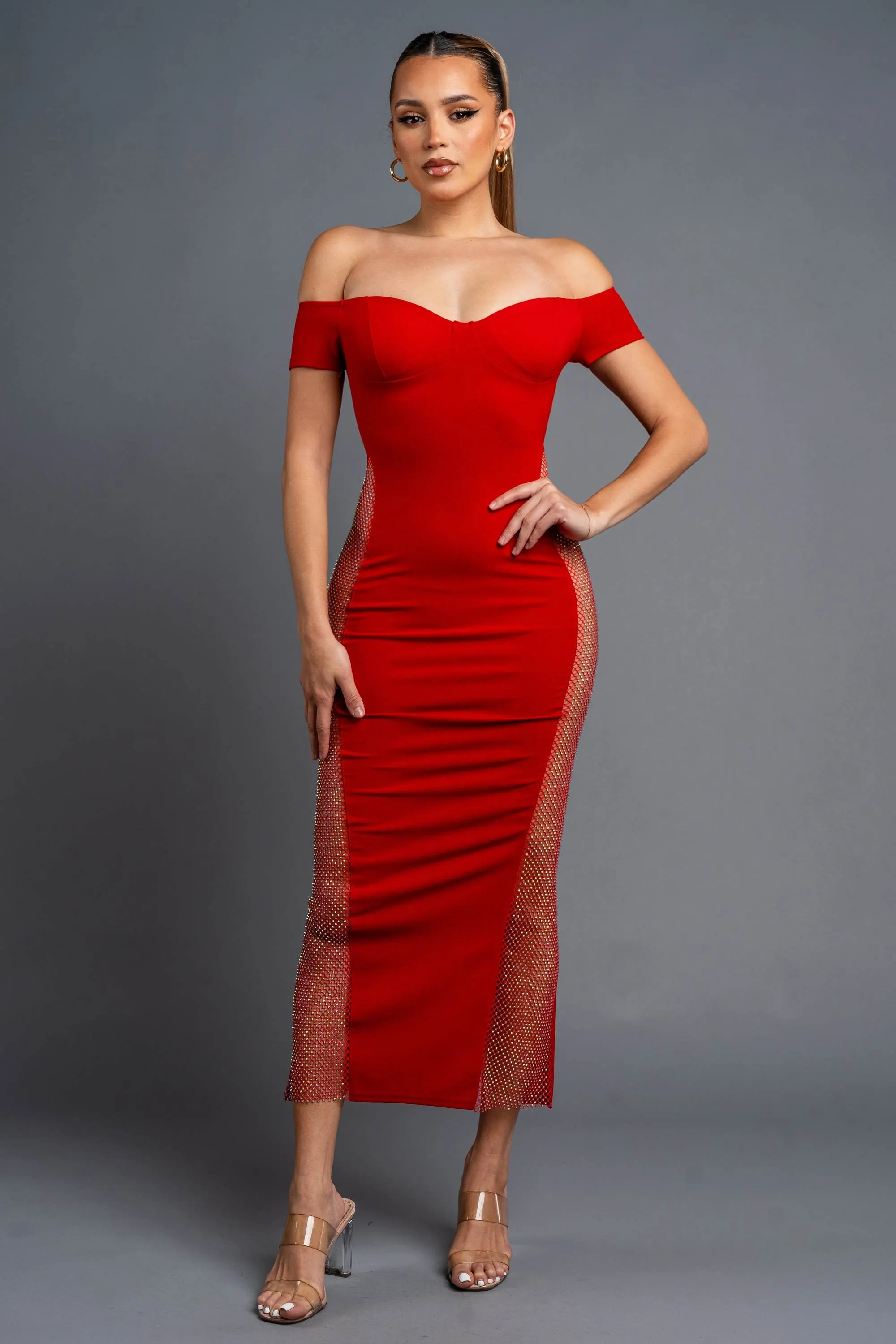 PD76547B-W / LUXE MULTI RHINESTONE NET OFF SHOULDER MAXI DRESS sold by privy