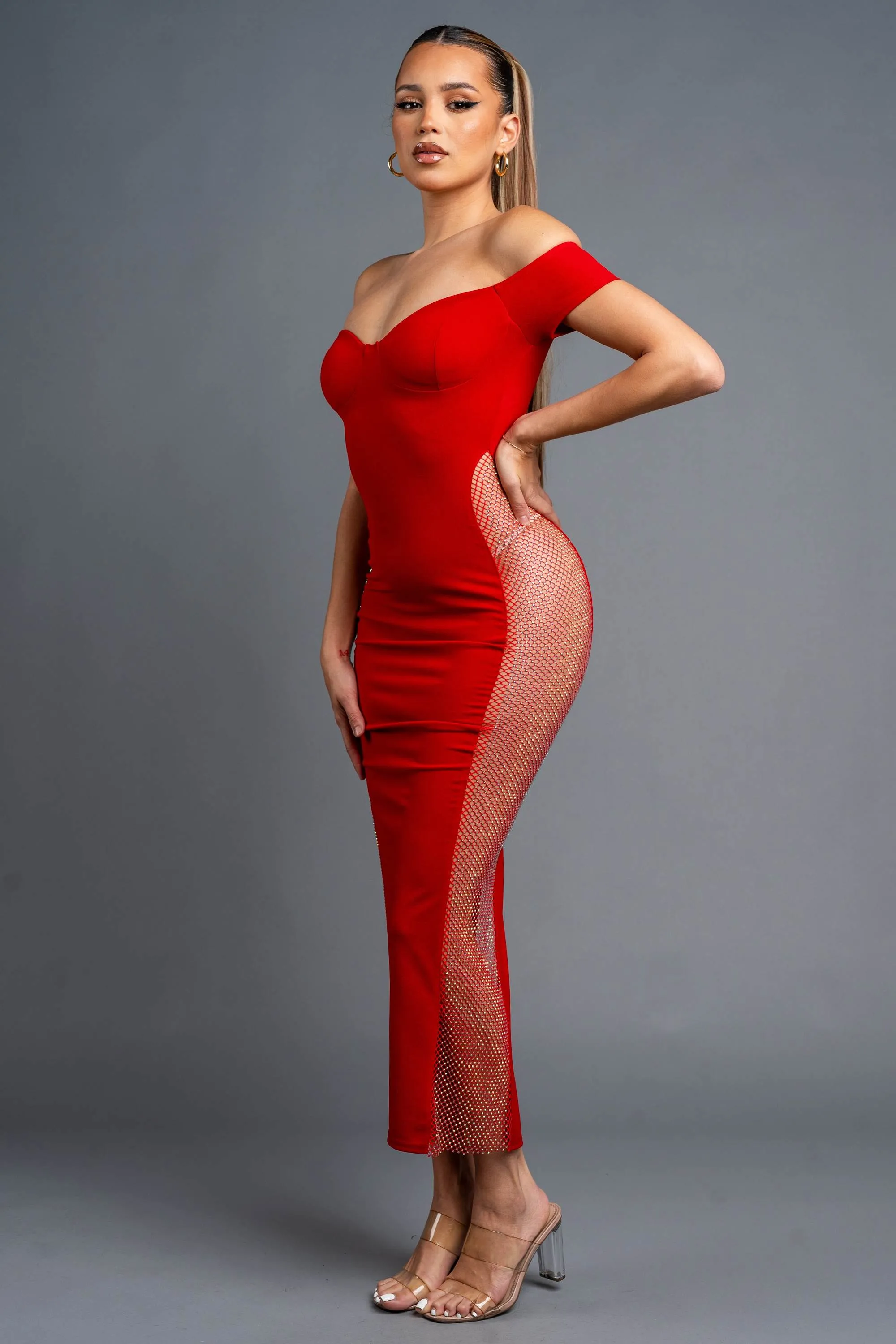 PD76547B-W / LUXE MULTI RHINESTONE NET OFF SHOULDER MAXI DRESS sold by privy product image thumbnail 2