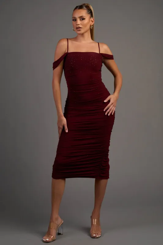 PD77915E / LUXE HOTFIX EMBELLISHED COLD SHOULDER MIDI DRESS sold by privy
