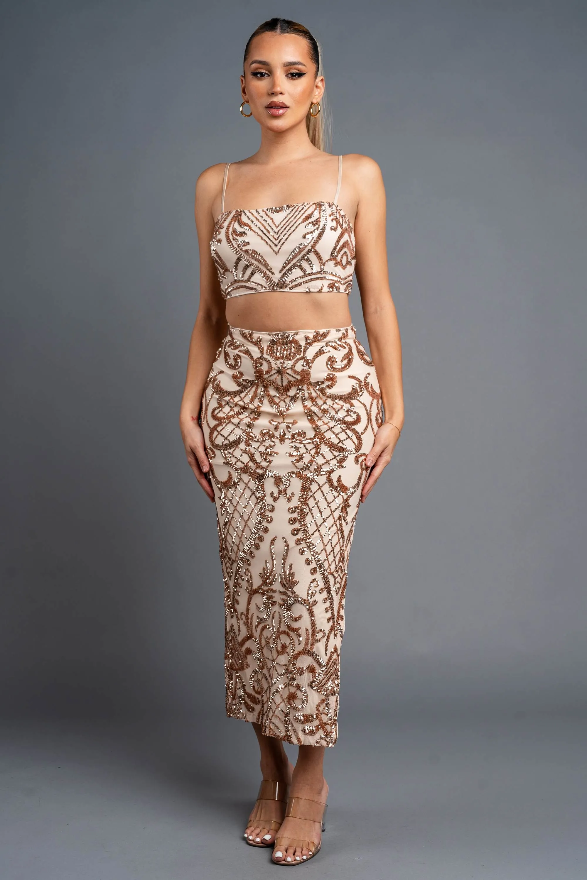 LUXE SEQUINS PATTERN CROPPED TOP & MIDI SKIRT SETS sold by privy product image thumbnail 4