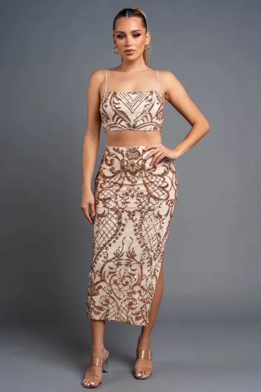 LUXE SEQUINS PATTERN CROPPED TOP & MIDI SKIRT SETS sold by privy