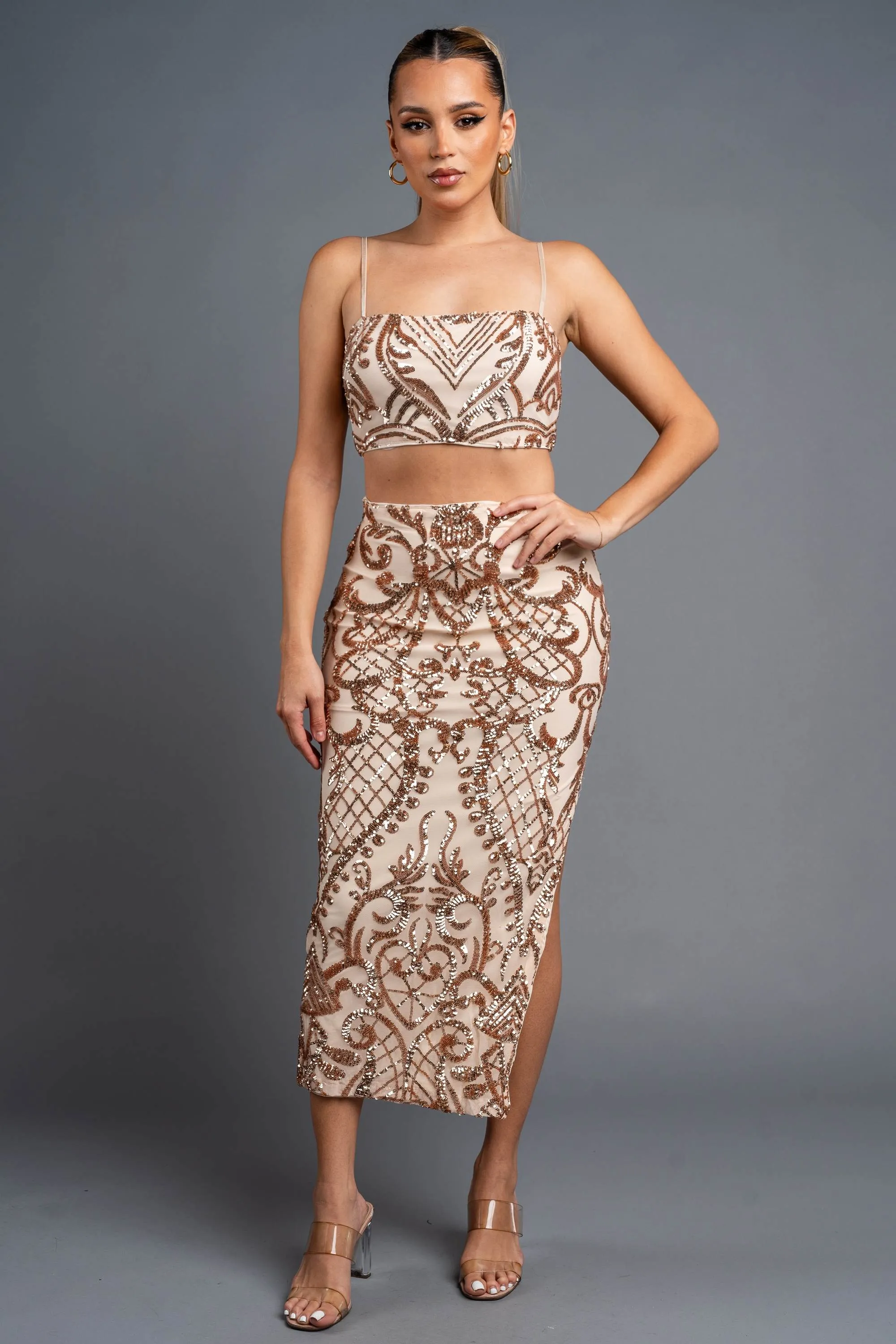 LUXE SEQUINS PATTERN CROPPED TOP & MIDI SKIRT SETS sold by privy
