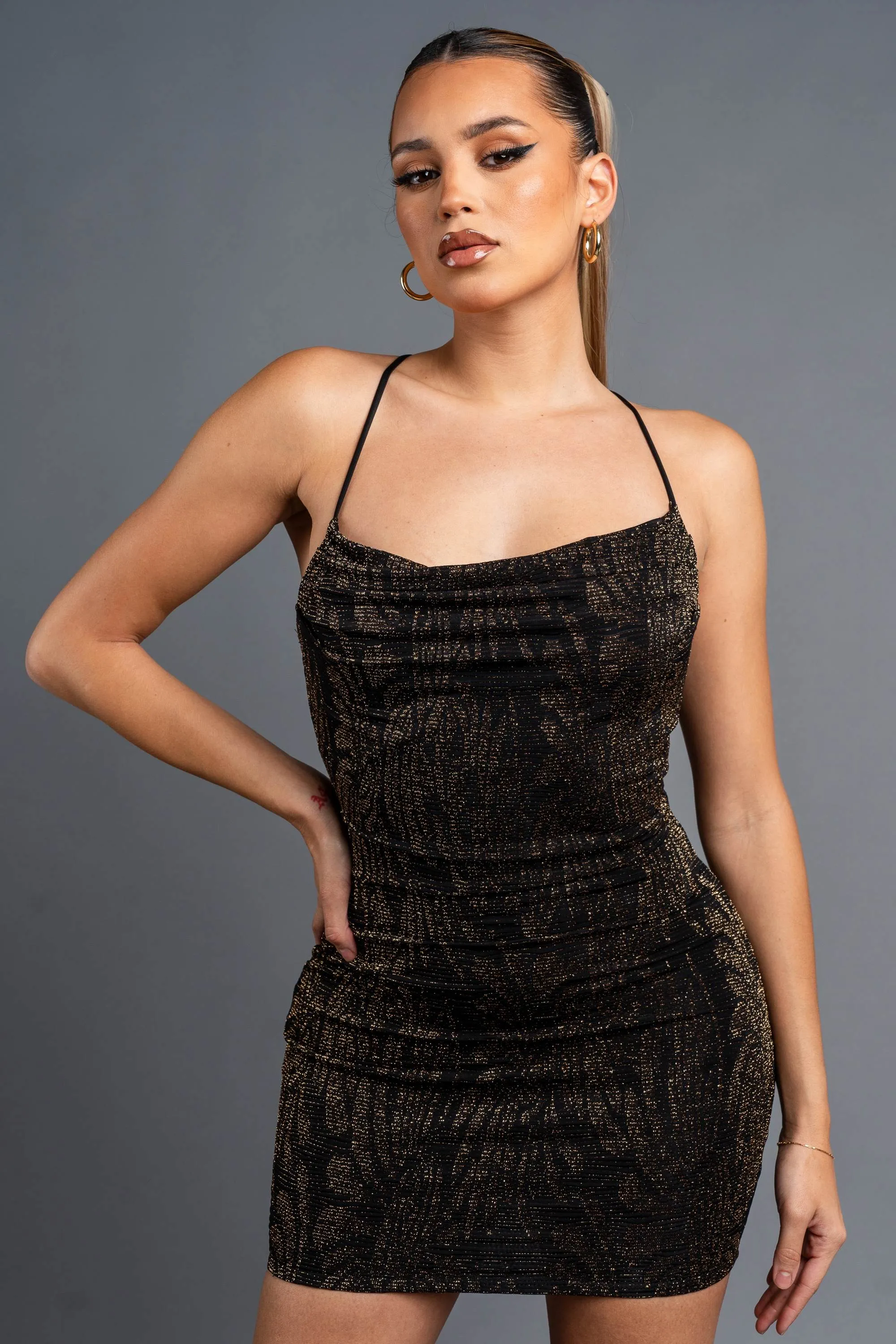 LUXE METALLIC LUREX GLITTER DRAWSTRING MINI DRESS sold by privy