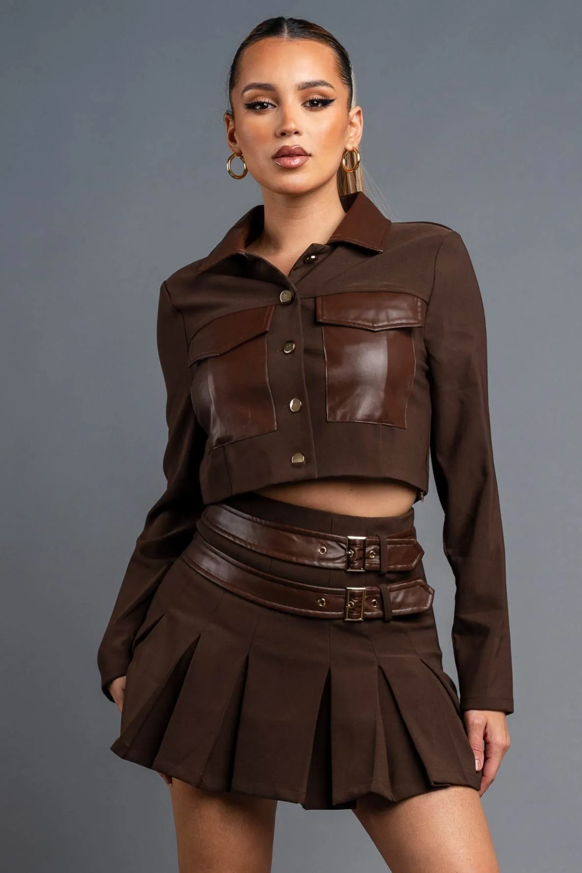 PS9676E / CHIC CROPPED JACKET CROP TOP & PLEATED SKIRT SETS sold by privy