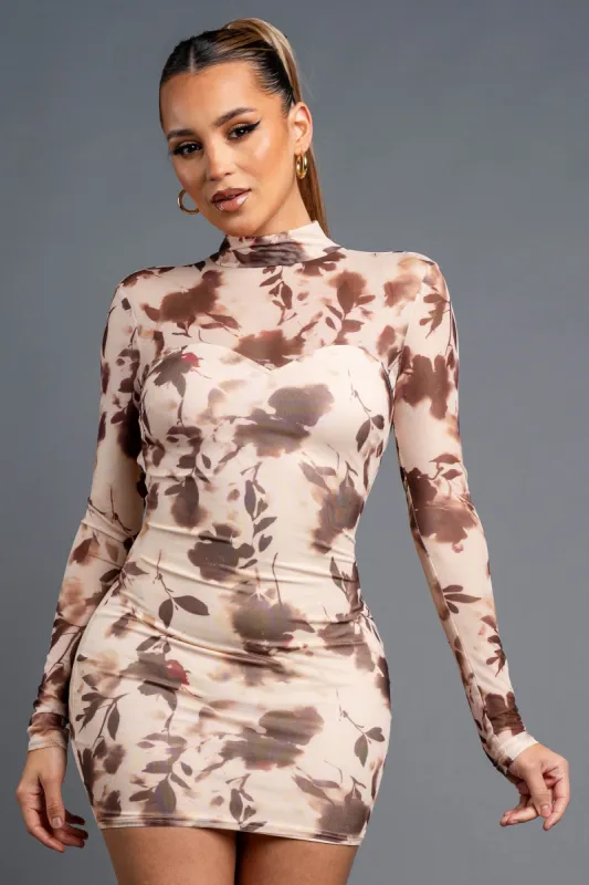 ROMANTIC FLORAL MESH PRINT OPEN BACK MINI DRESS sold by privy