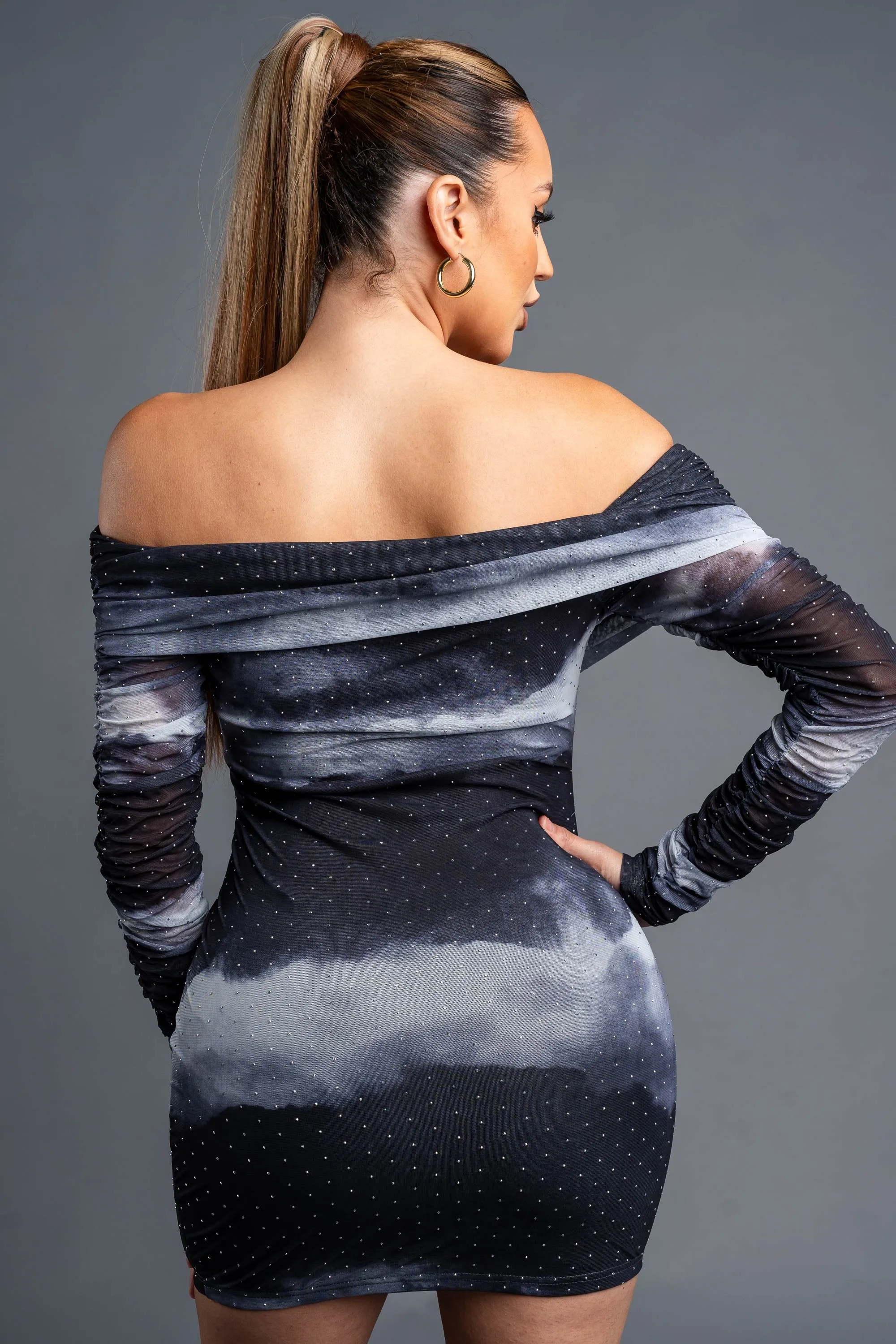 MIDNIGHT PRINT MESH HOTFIX OFF SHOULDER MINI DRESS sold by privy product image thumbnail 4