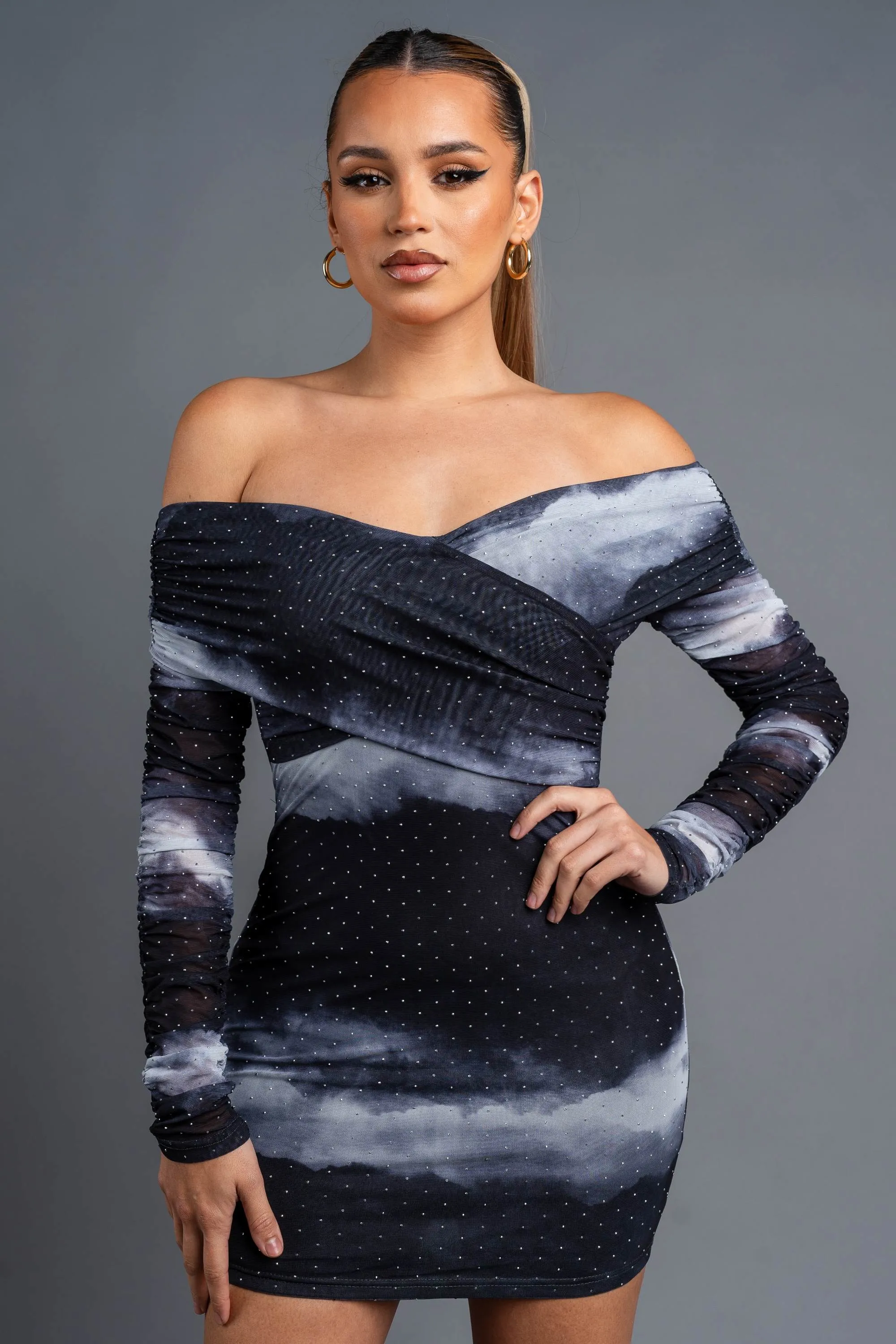 MIDNIGHT PRINT MESH HOTFIX OFF SHOULDER MINI DRESS sold by privy