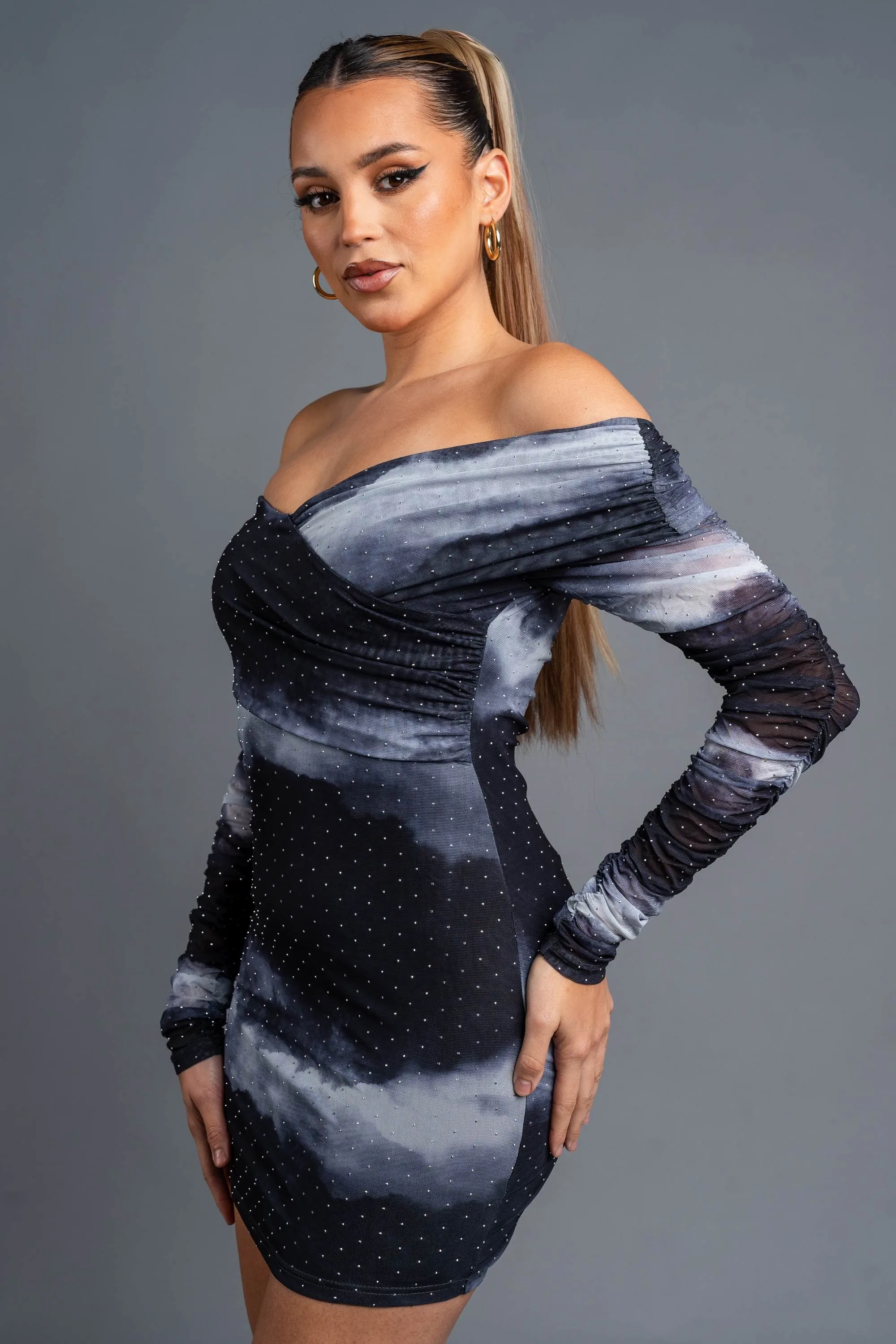 MIDNIGHT PRINT MESH HOTFIX OFF SHOULDER MINI DRESS sold by privy product image thumbnail 3