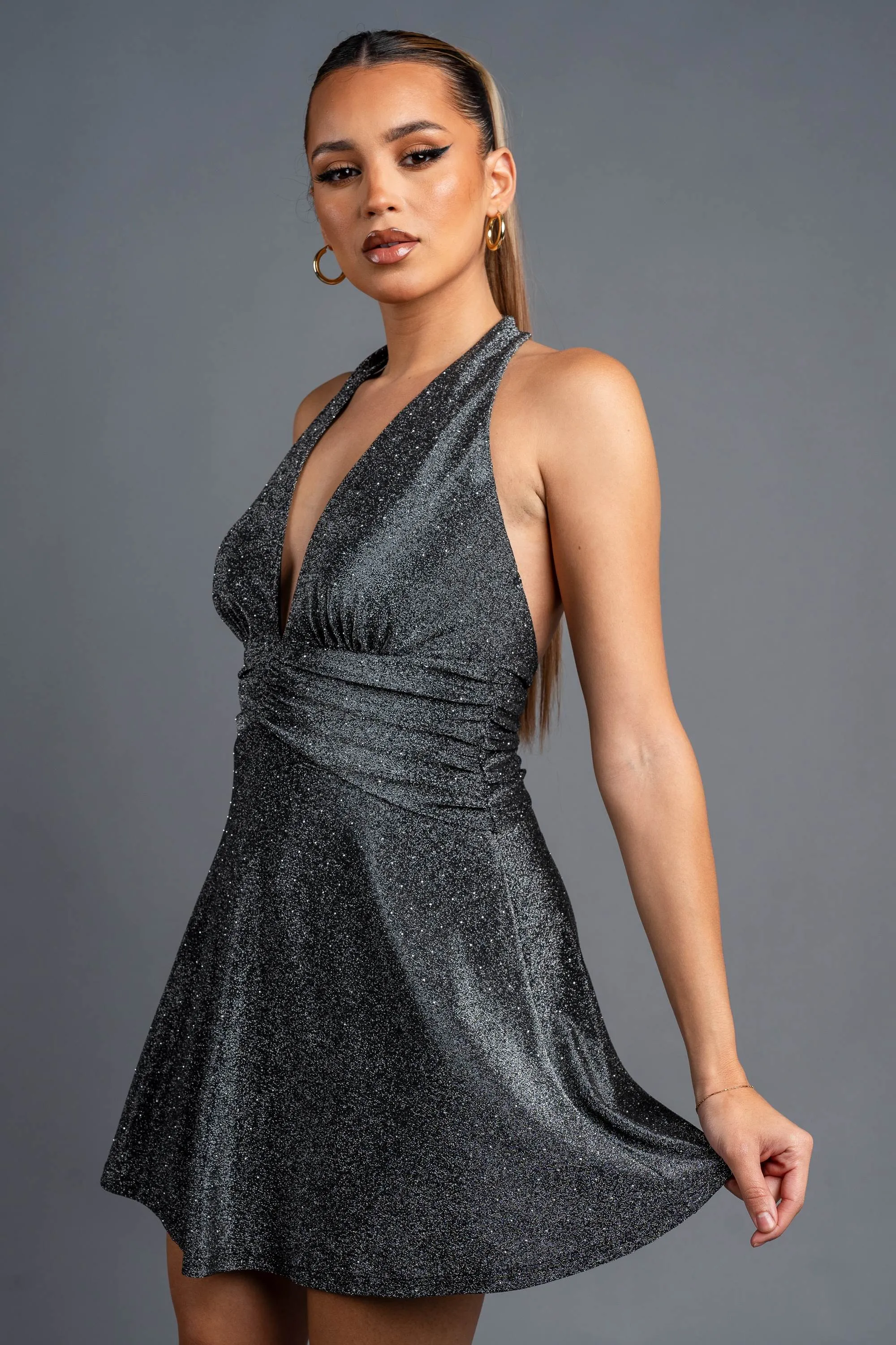 METALLIC SLINKY STUDDED HALTER SKATER MINI DRESS sold by privy product image thumbnail 3