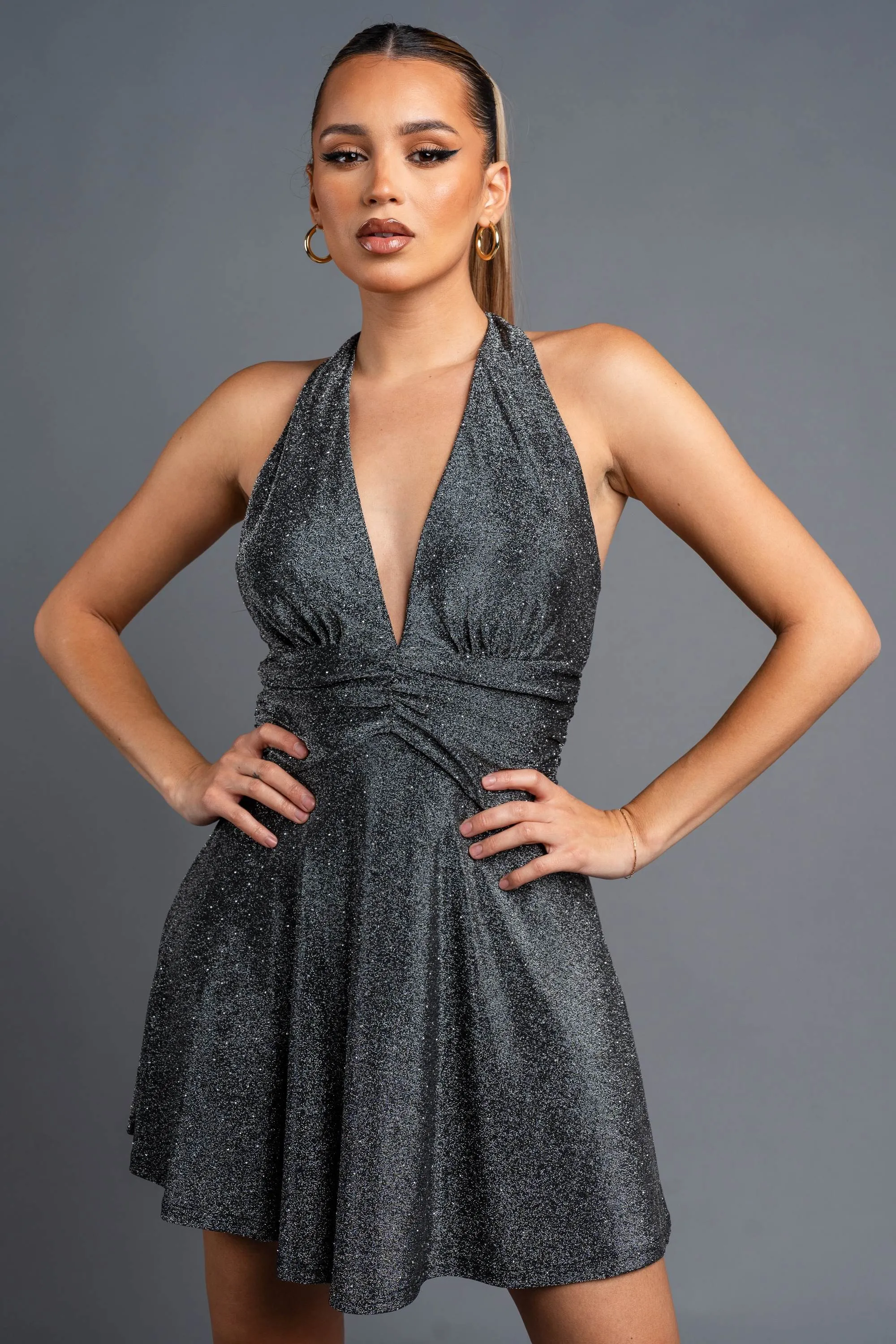 METALLIC SLINKY STUDDED HALTER SKATER MINI DRESS sold by privy product image thumbnail 2