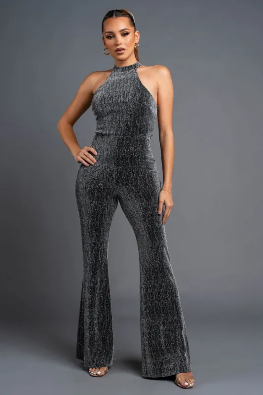 CHIC STUDDED METALLIC HATLER BACKLESS JUMPSUIT sold by privy